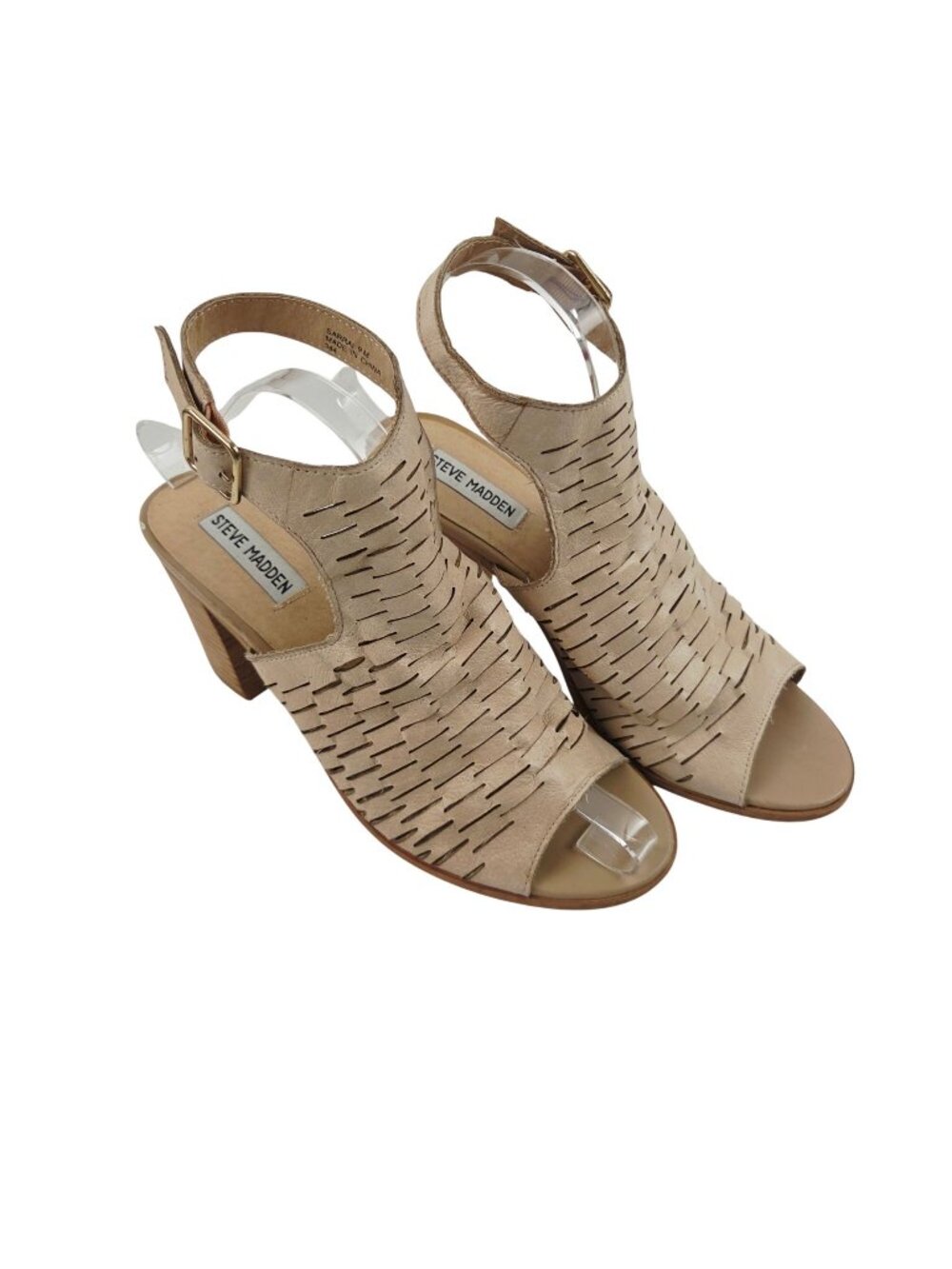 Steve Madden Sarrai Sandals 9 Block Heel Shoes Tan Leather Open Basketweave